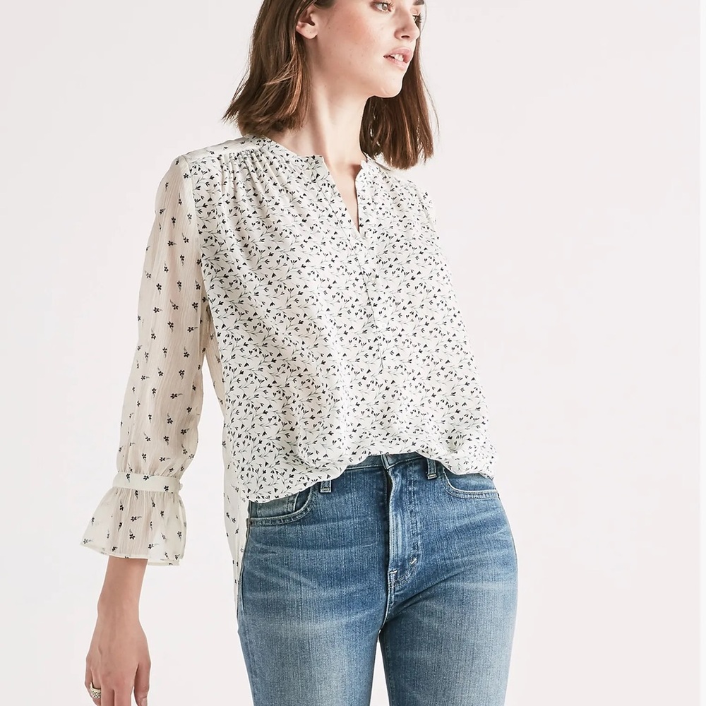 Lucky Brand‎ Ivory sheer Floral high low Blouse boho Cottagecore